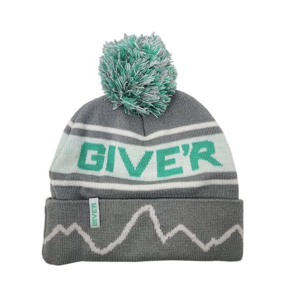 Giver Knit Pom Beanie Hat With Logo & Mountain Design Gray Mint Unisex Warm Cozy - Picture 6 of 6